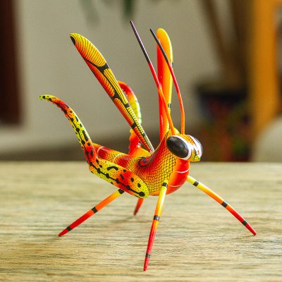 Wood alebrije statuette-Chirping Cricket